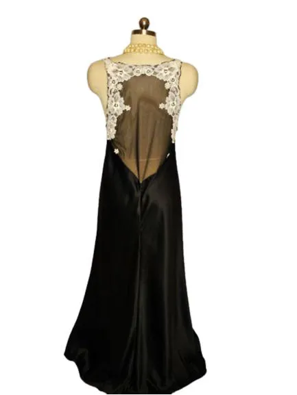 *  VINTAGE JUDITH HART BLACK SATIN SHEER ILLUSION BACK NIGHTGOWN