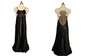 *  VINTAGE JUDITH HART BLACK SATIN SHEER ILLUSION BACK NIGHTGOWN