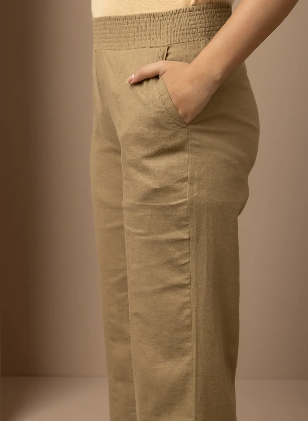 Akiya Dark Beige Cotton Linen Relaxed Fit Pants for Women