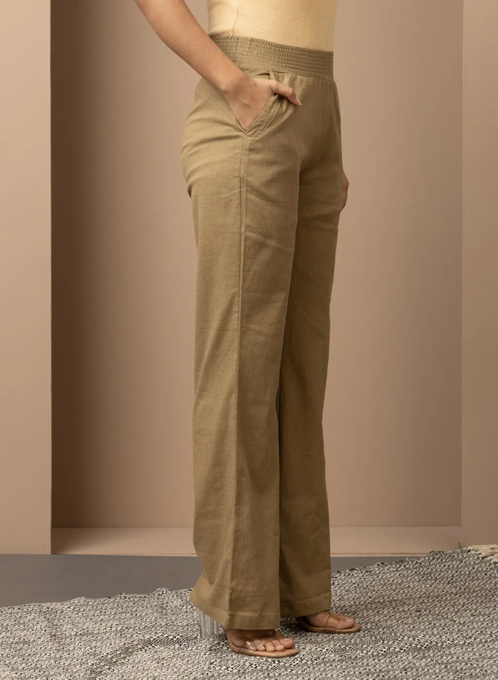 Akiya Dark Beige Cotton Linen Relaxed Fit Pants for Women