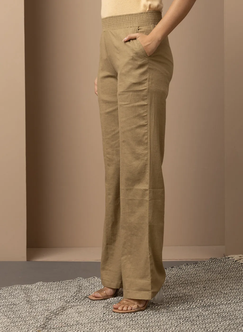 Akiya Dark Beige Cotton Linen Relaxed Fit Pants for Women