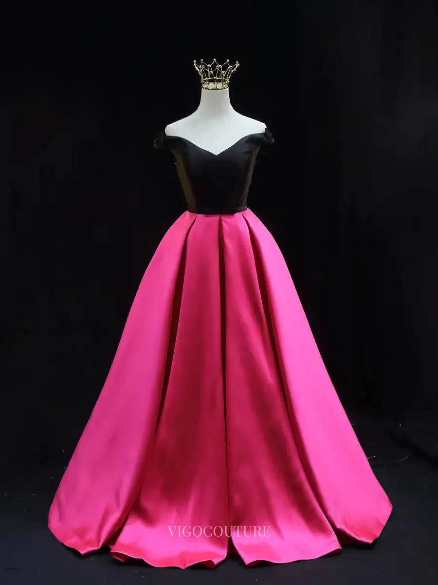 Black and Pink Satin Prom Dresses Off the Shoulder Formal Dresses SU083