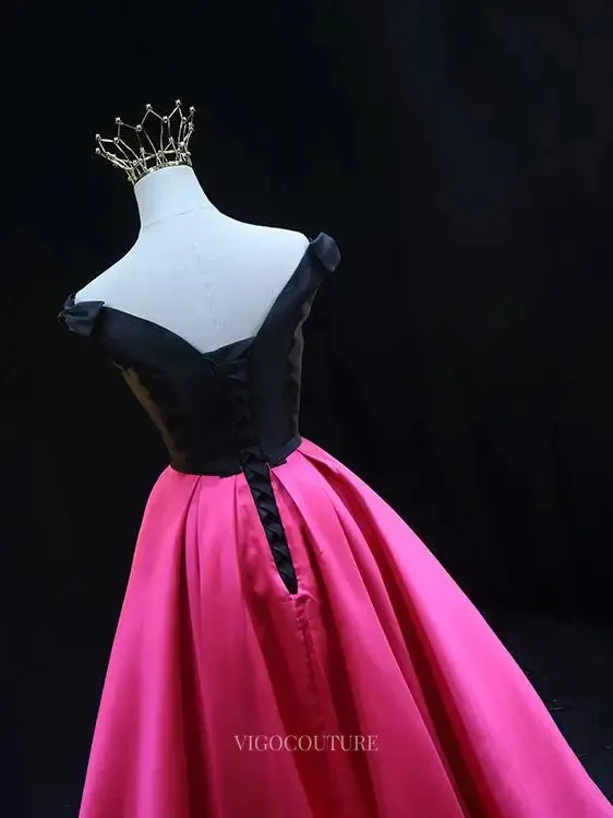 Black and Pink Satin Prom Dresses Off the Shoulder Formal Dresses SU083