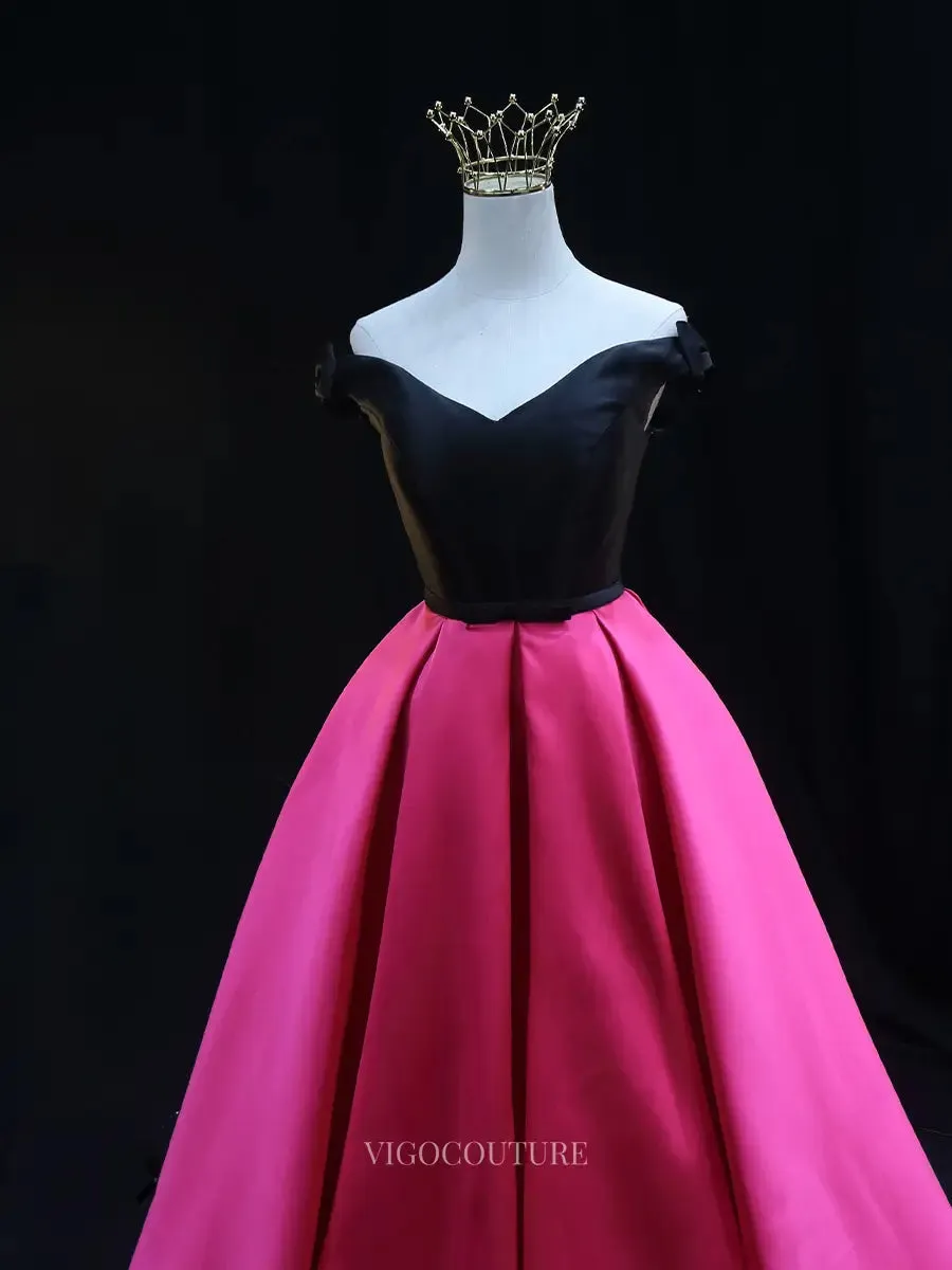 Black and Pink Satin Prom Dresses Off the Shoulder Formal Dresses SU083