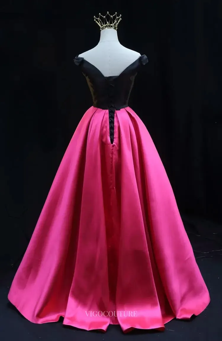 Black and Pink Satin Prom Dresses Off the Shoulder Formal Dresses SU083