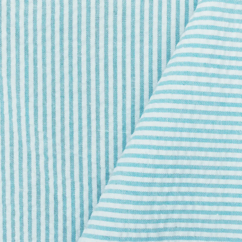 Blue-White Stripe Cotton Poly Seersucker Woven Fabric