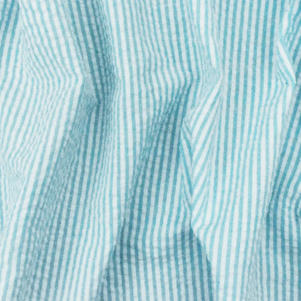 Blue-White Stripe Cotton Poly Seersucker Woven Fabric