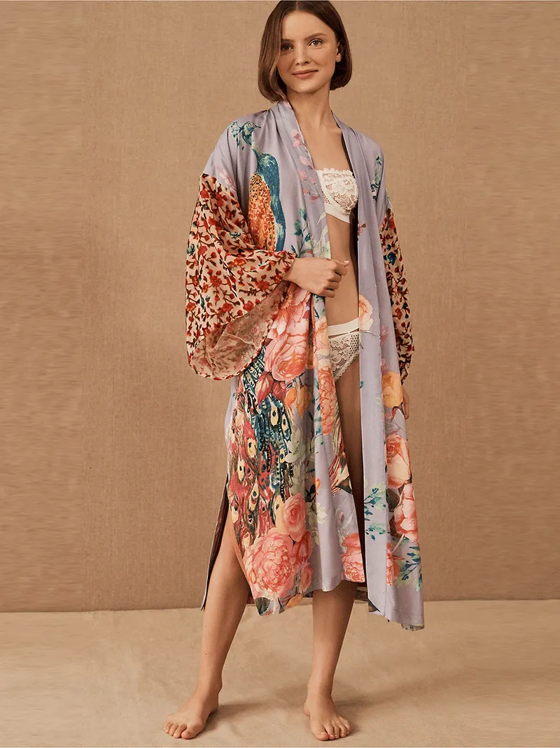 Bridal Partywear Polyester Long Length Peacock Print Multicolor Gown Kimono Duster Robe