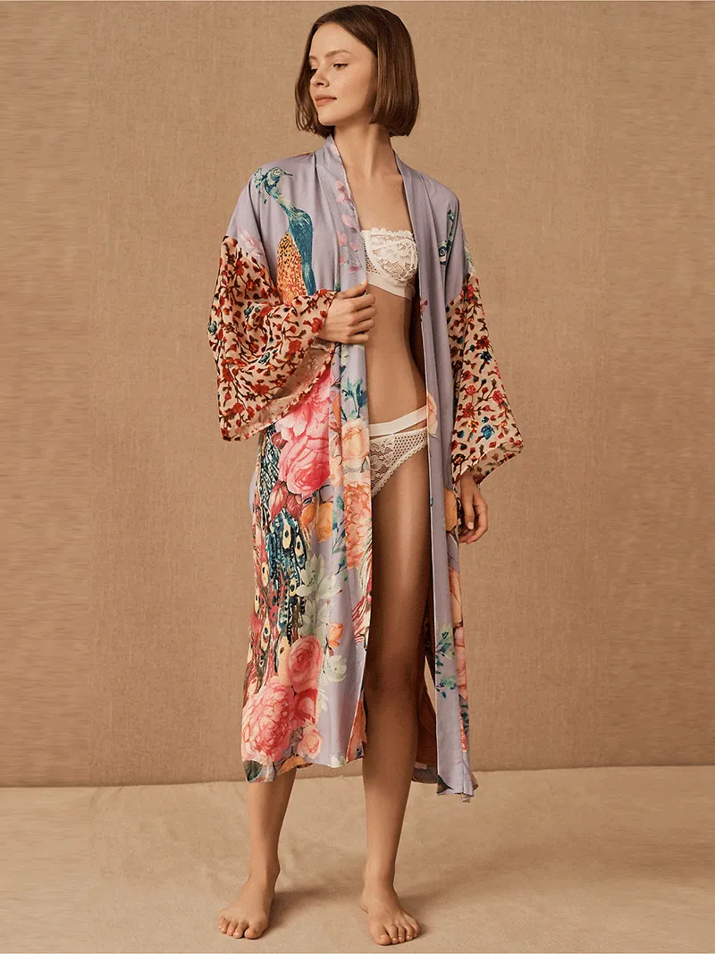 Bridal Partywear Polyester Long Length Peacock Print Multicolor Gown Kimono Duster Robe