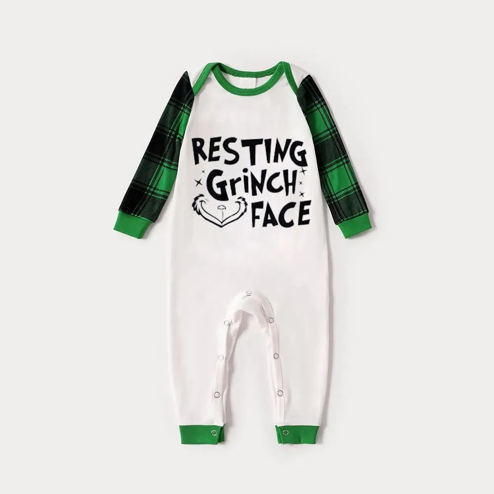 Christmas Cute Cartoon Face and Letter Print Casual Long Sleeve Sweatshirts Green Contrast Tops and Black and Green Plaid Pants  Family Matching Raglan Long-sleeve Pajamas Sets