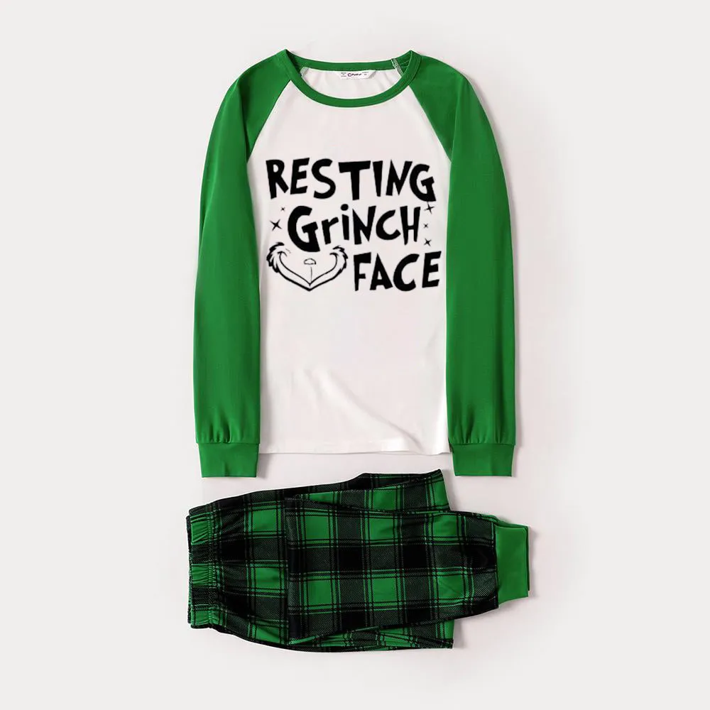 Christmas Cute Cartoon Face and Letter Print Casual Long Sleeve Sweatshirts Green Contrast Tops and Black and Green Plaid Pants  Family Matching Raglan Long-sleeve Pajamas Sets