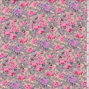 Ecru Beige/Pink Multi Floral Printed Crepe Faille Fabric