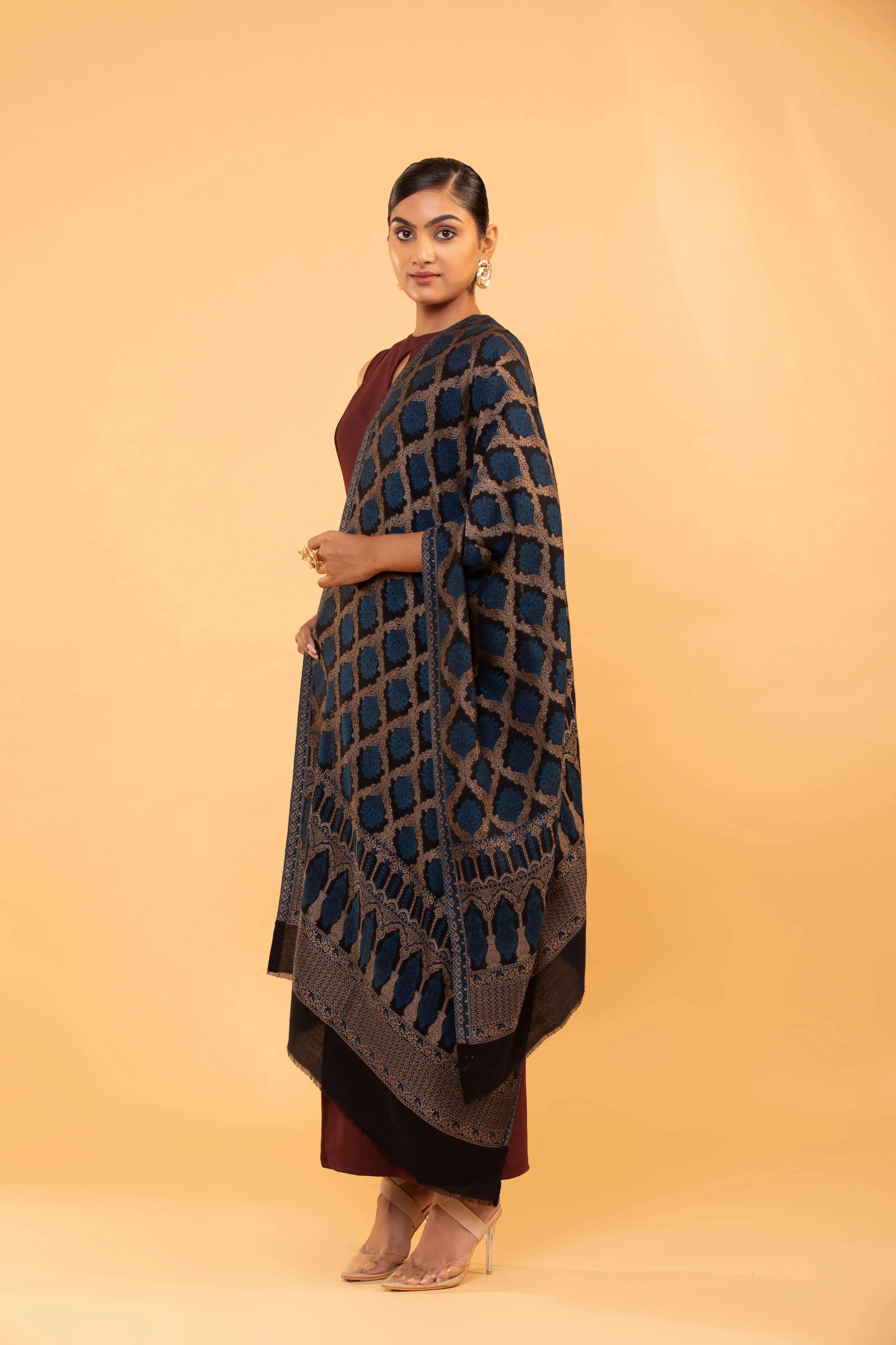 Elegant Fine Wool Shawl with Intricate Geometric Pattern Design