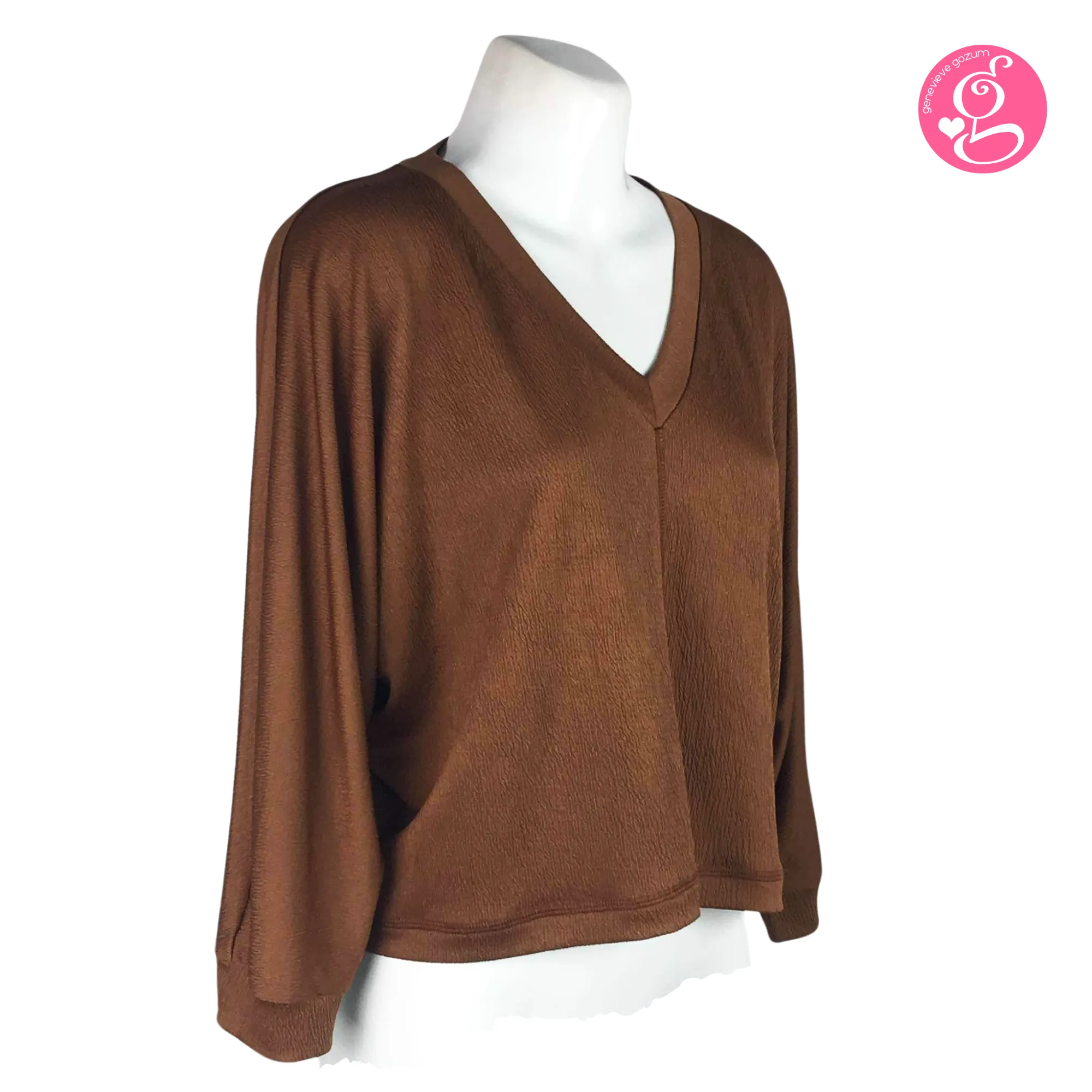 Genevieve Gozum Stitch Crepe Pullover Blouse with Dolman Sleeves & V Neck