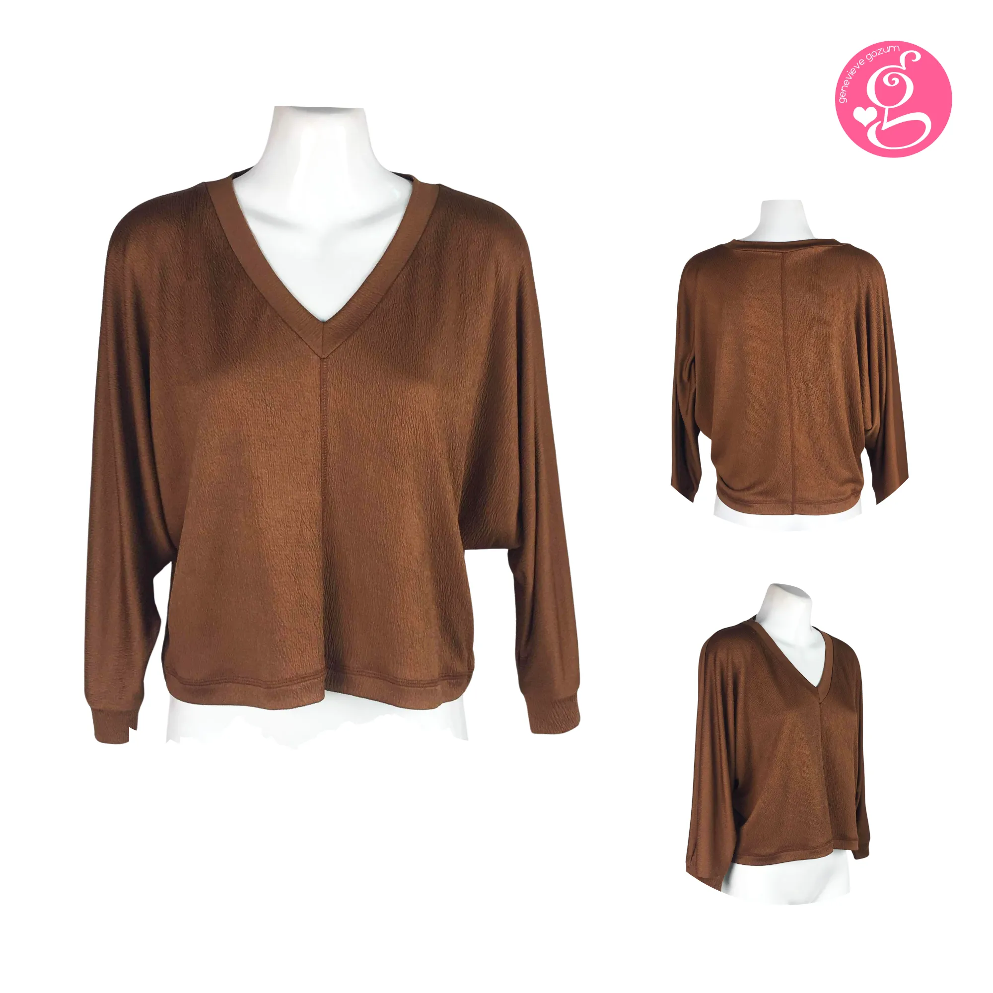 Genevieve Gozum Stitch Crepe Pullover Blouse with Dolman Sleeves & V Neck