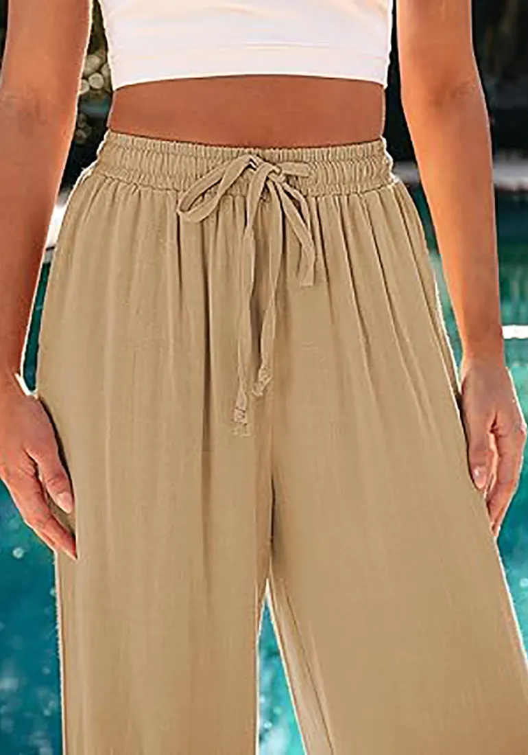 Grapent Relaxed Fit High Waisted Elastic Waist Wide Leg Drawstring Pocket Pant