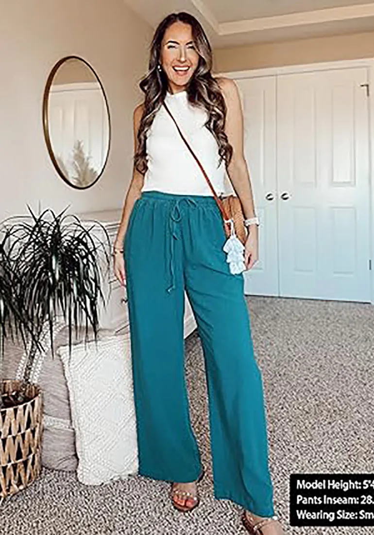 Grapent Relaxed Fit High Waisted Elastic Waist Wide Leg Drawstring Pocket Pant