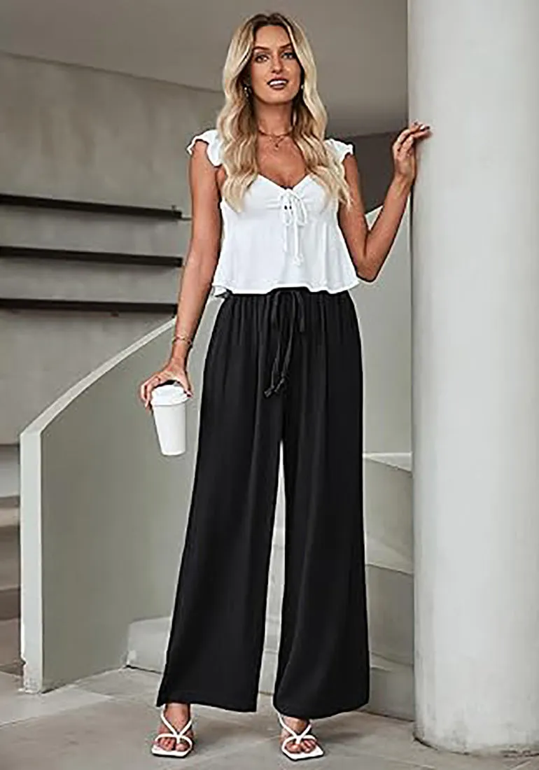 Grapent Relaxed Fit High Waisted Elastic Waist Wide Leg Drawstring Pocket Pant