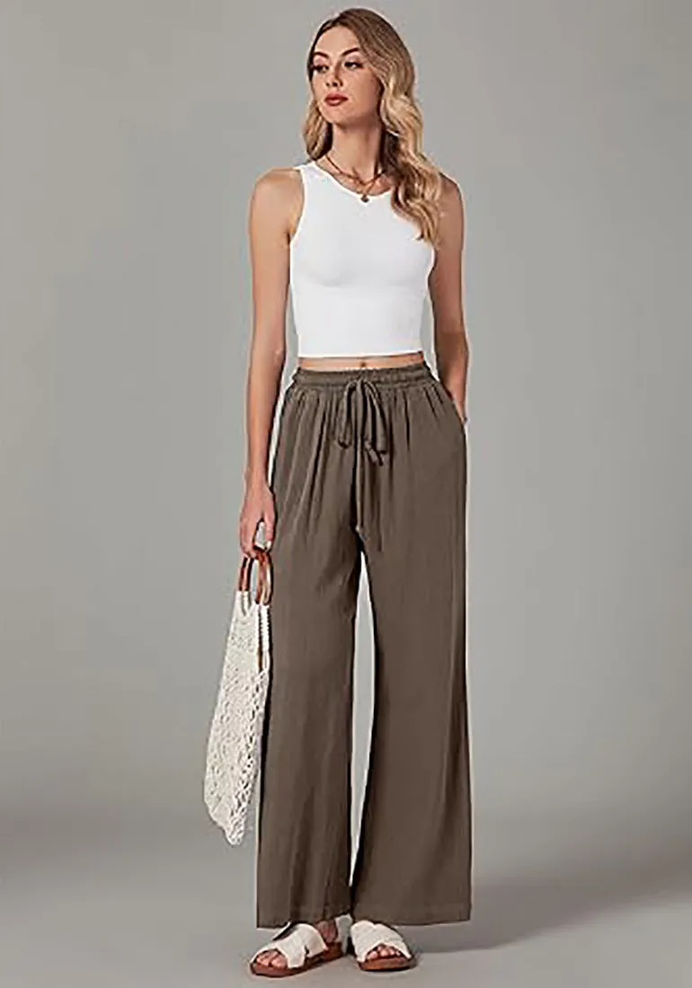 Grapent Relaxed Fit High Waisted Elastic Waist Wide Leg Drawstring Pocket Pant