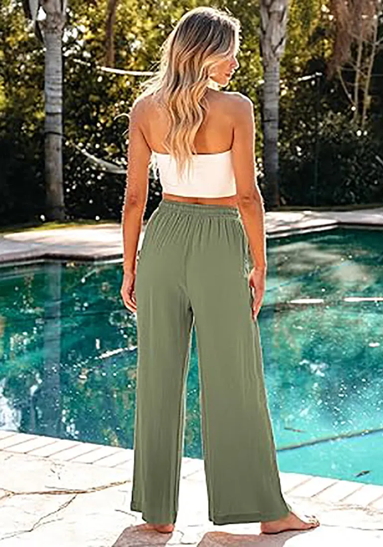 Grapent Relaxed Fit High Waisted Elastic Waist Wide Leg Drawstring Pocket Pant