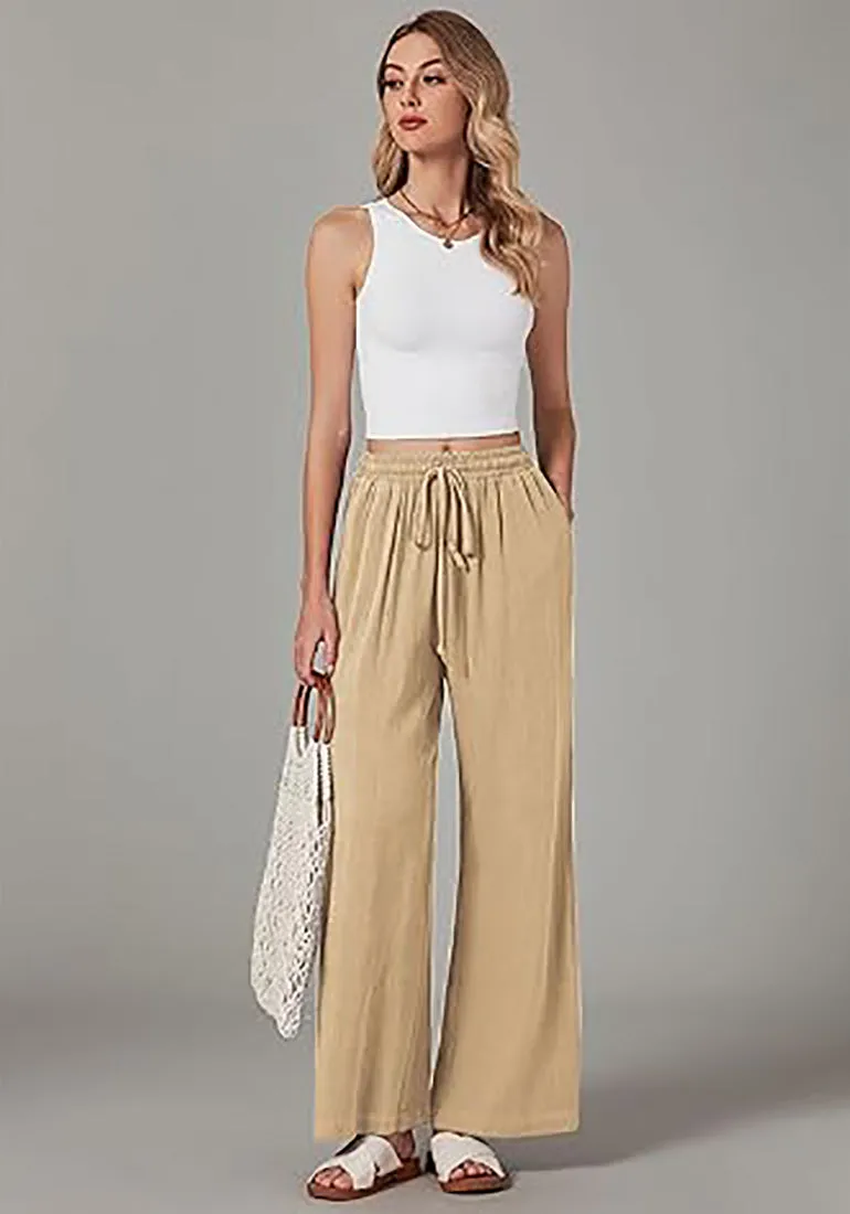 Grapent Relaxed Fit High Waisted Elastic Waist Wide Leg Drawstring Pocket Pant