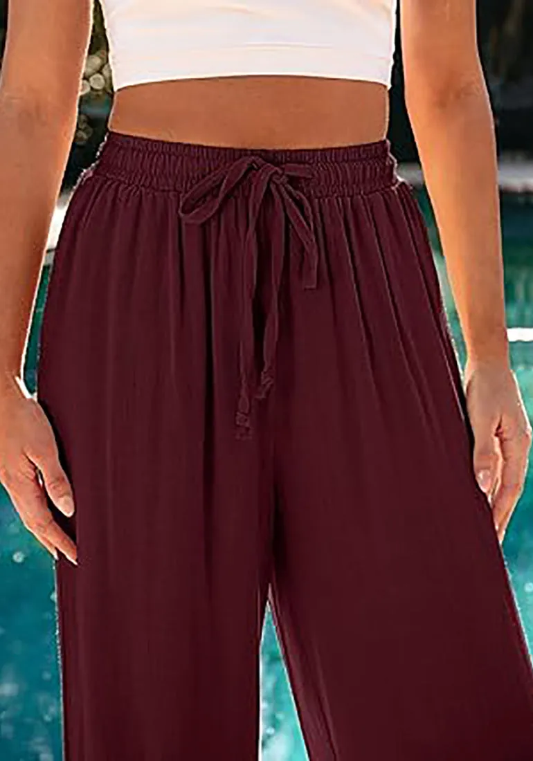 Grapent Relaxed Fit High Waisted Elastic Waist Wide Leg Drawstring Pocket Pant