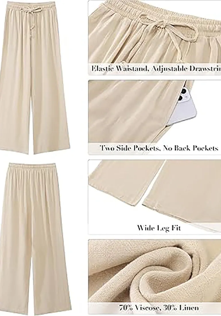 Grapent Relaxed Fit High Waisted Elastic Waist Wide Leg Drawstring Pocket Pant