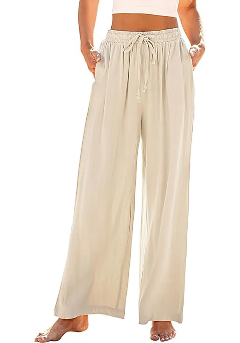 Grapent Relaxed Fit High Waisted Elastic Waist Wide Leg Drawstring Pocket Pant