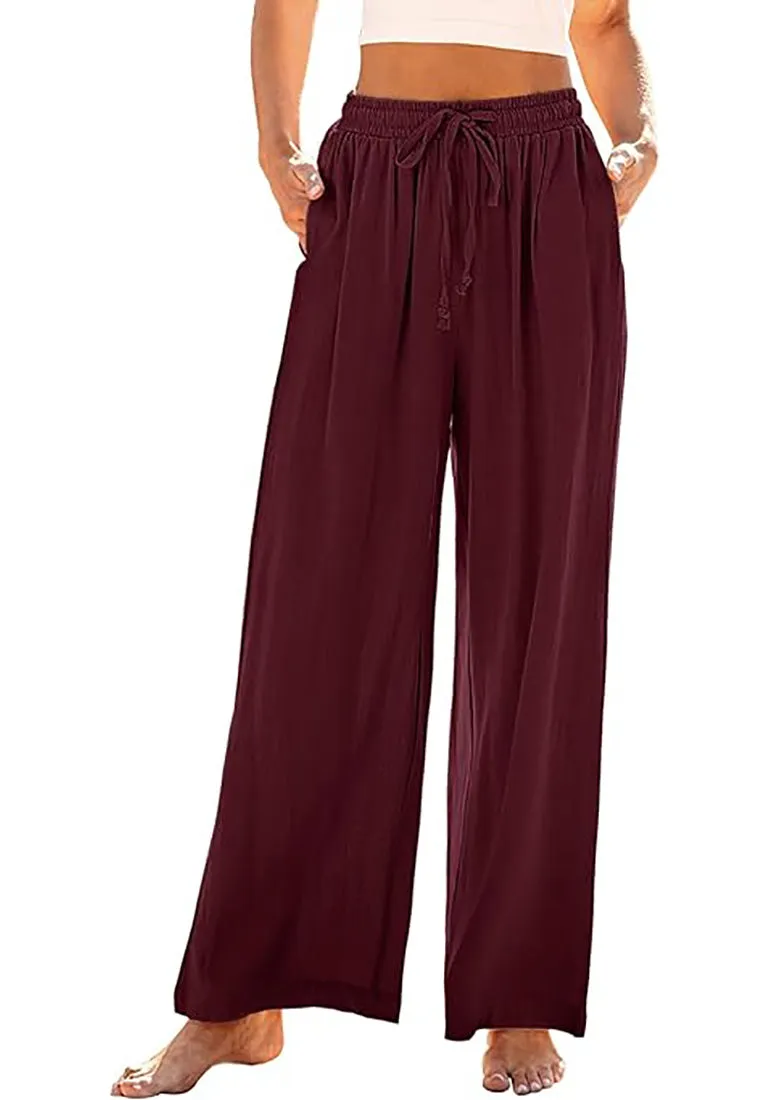 Grapent Relaxed Fit High Waisted Elastic Waist Wide Leg Drawstring Pocket Pant