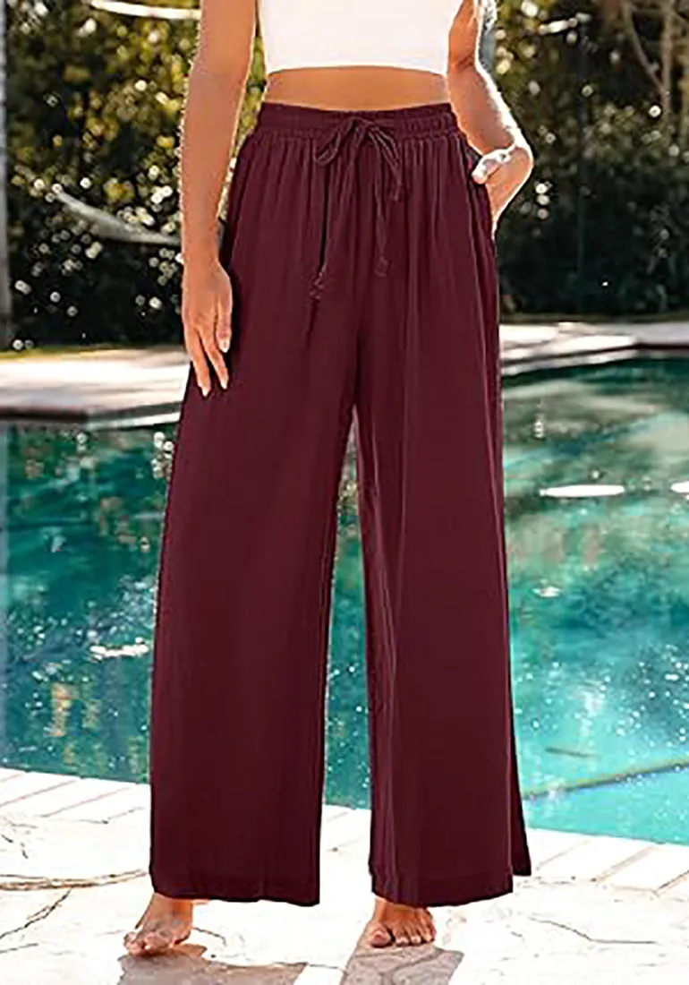 Grapent Relaxed Fit High Waisted Elastic Waist Wide Leg Drawstring Pocket Pant