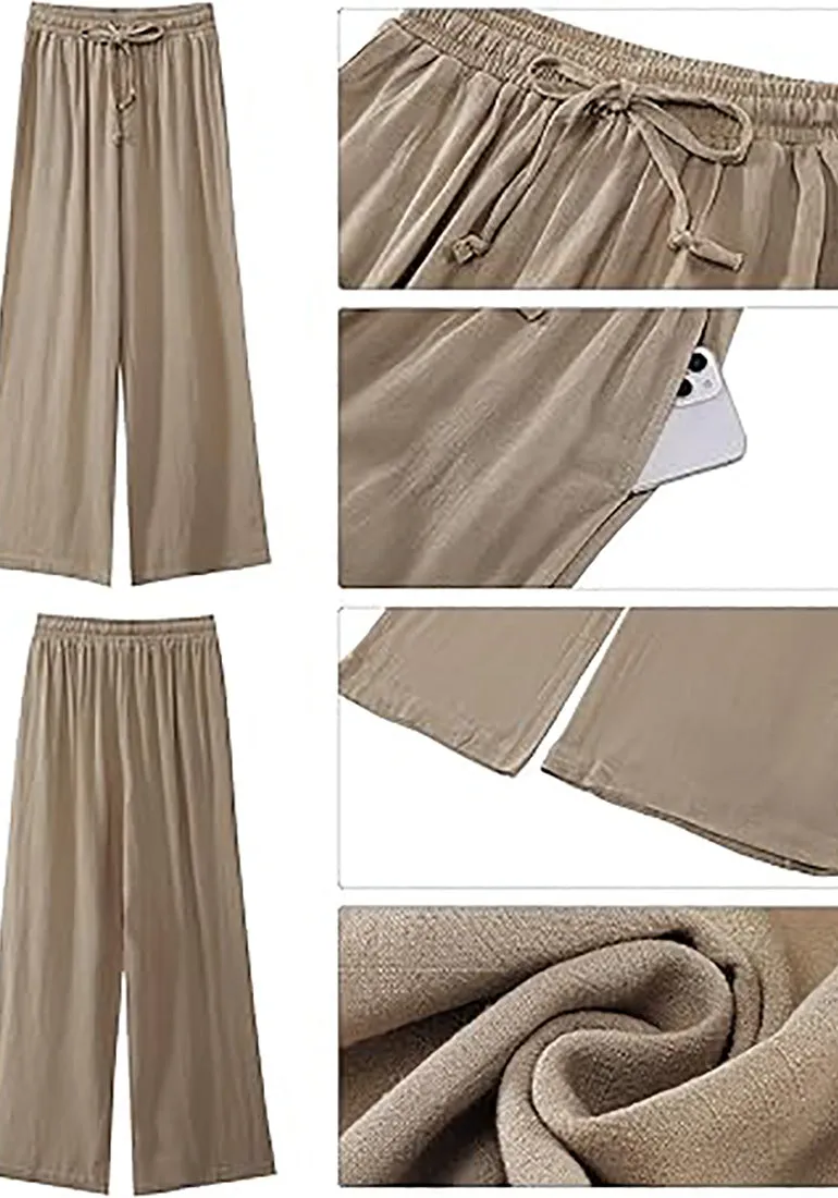 Grapent Relaxed Fit High Waisted Elastic Waist Wide Leg Drawstring Pocket Pant