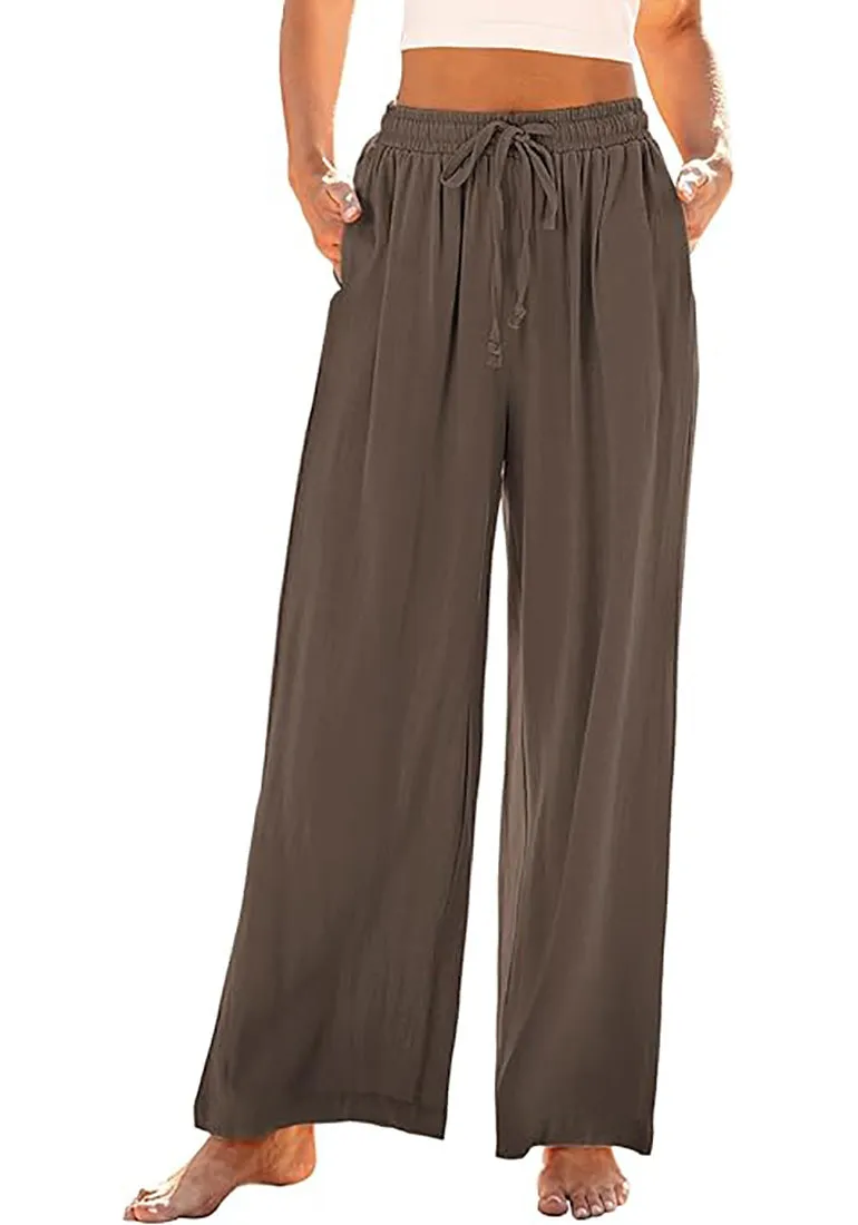 Grapent Relaxed Fit High Waisted Elastic Waist Wide Leg Drawstring Pocket Pant