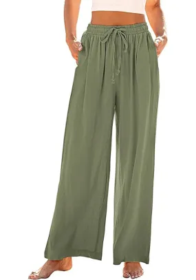 Grapent Relaxed Fit High Waisted Elastic Waist Wide Leg Drawstring Pocket Pant