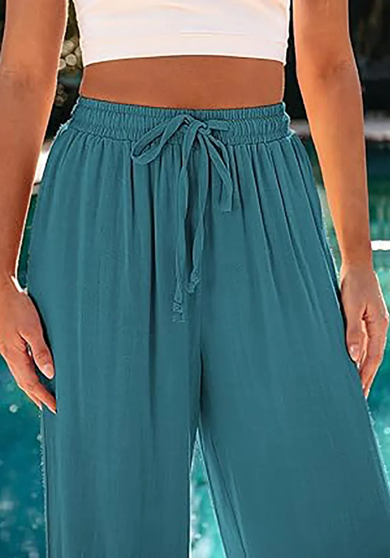 Grapent Relaxed Fit High Waisted Elastic Waist Wide Leg Drawstring Pocket Pant