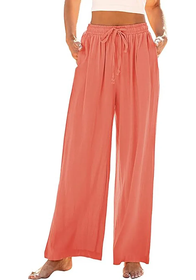 Grapent Relaxed Fit High Waisted Elastic Waist Wide Leg Drawstring Pocket Pant