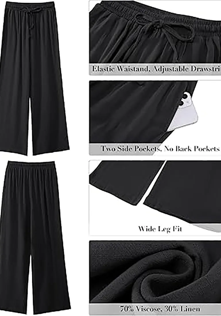 Grapent Relaxed Fit High Waisted Elastic Waist Wide Leg Drawstring Pocket Pant