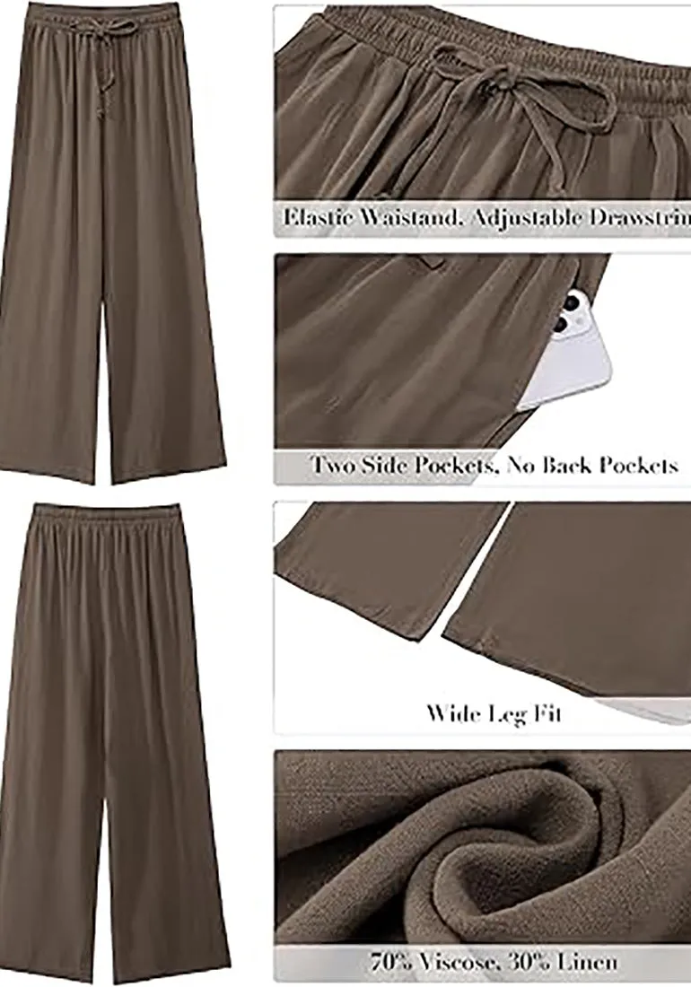 Grapent Relaxed Fit High Waisted Elastic Waist Wide Leg Drawstring Pocket Pant