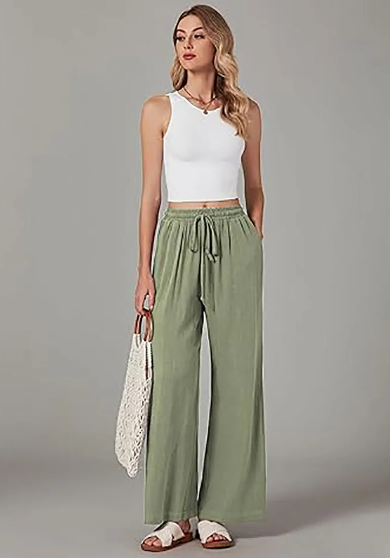 Grapent Relaxed Fit High Waisted Elastic Waist Wide Leg Drawstring Pocket Pant