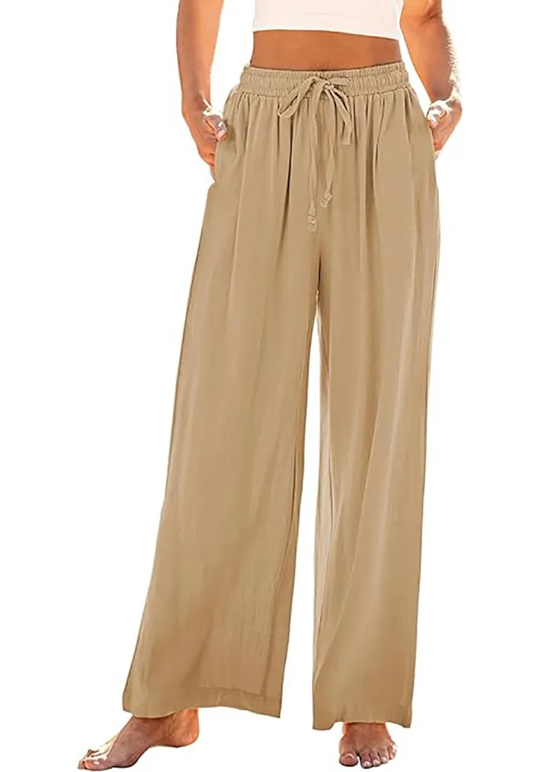 Grapent Relaxed Fit High Waisted Elastic Waist Wide Leg Drawstring Pocket Pant