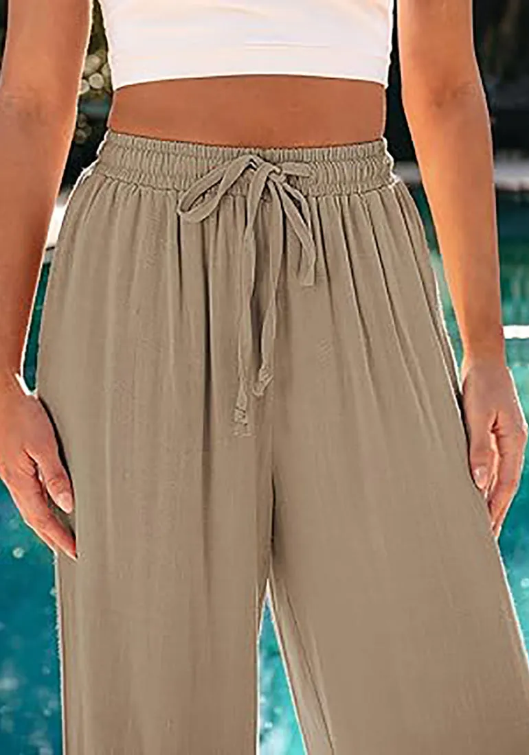 Grapent Relaxed Fit High Waisted Elastic Waist Wide Leg Drawstring Pocket Pant