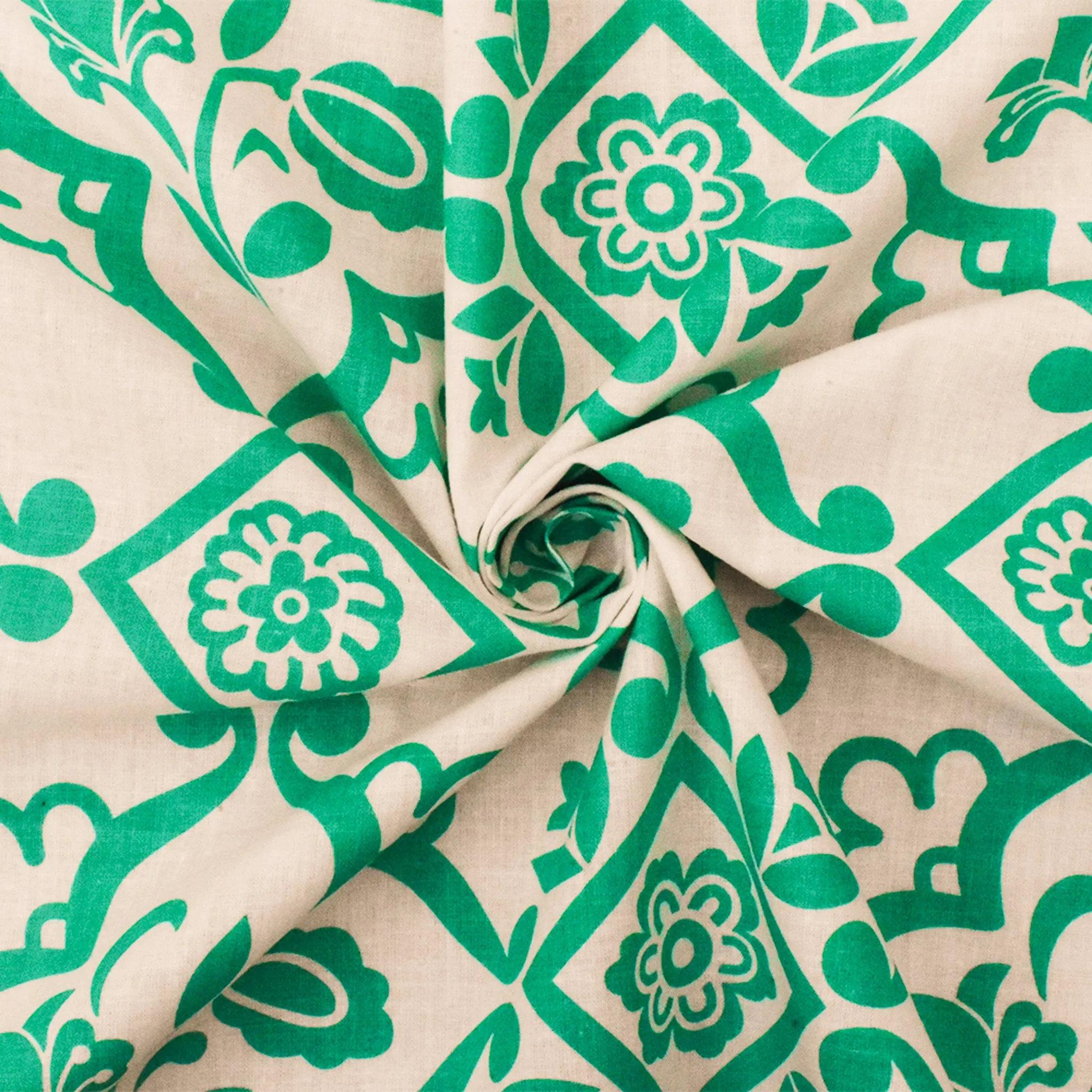 Green-Ivory Floral Moroccan Printed Cotton Lawn Woven Fabric