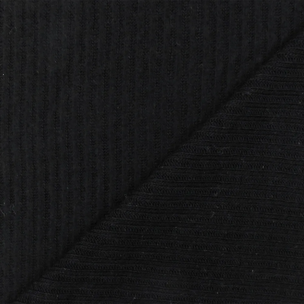 Matte Black Solid Stretch Cotton Brushed 2x2 Rib Knit Fabric