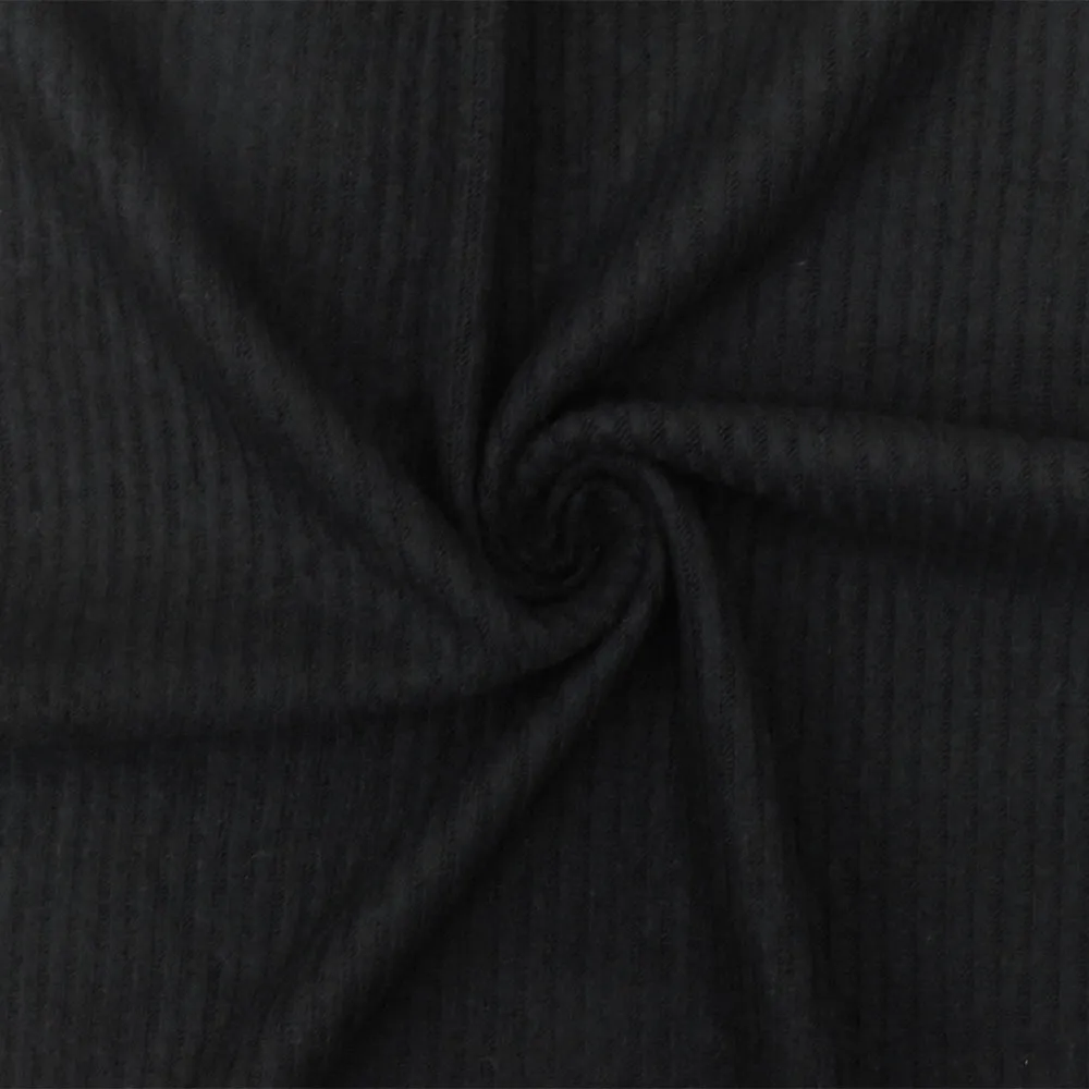 Matte Black Solid Stretch Cotton Brushed 2x2 Rib Knit Fabric