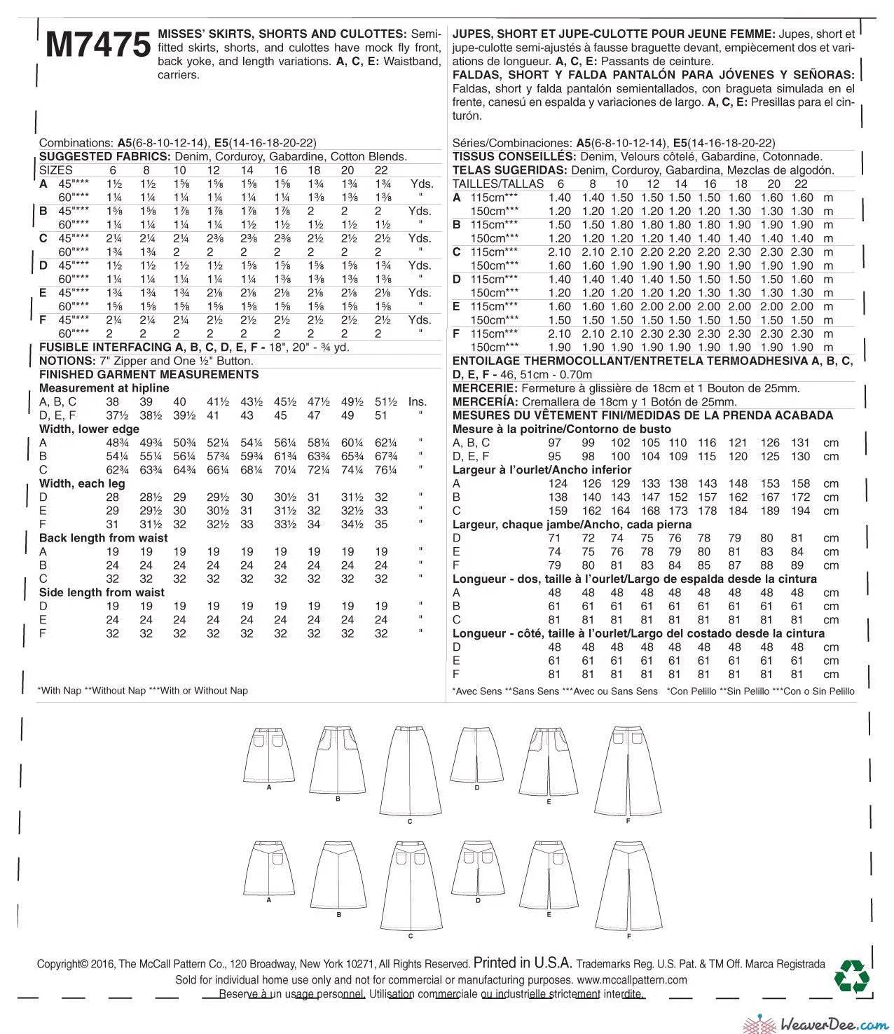 McCall's Pattern M7475 Misses' Flared Skirts, Shorts & Culottes