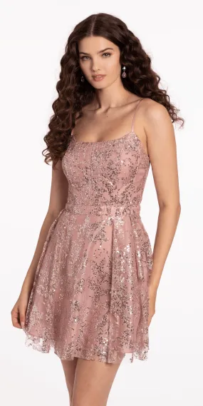 Mesh Glitter Corset Sequin Lace Up Back Skater Dress