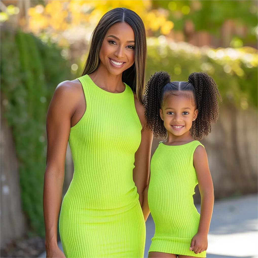 Mom and Daughter Matching Lime Green Bodycon Sleeveless Rib-knit Dress