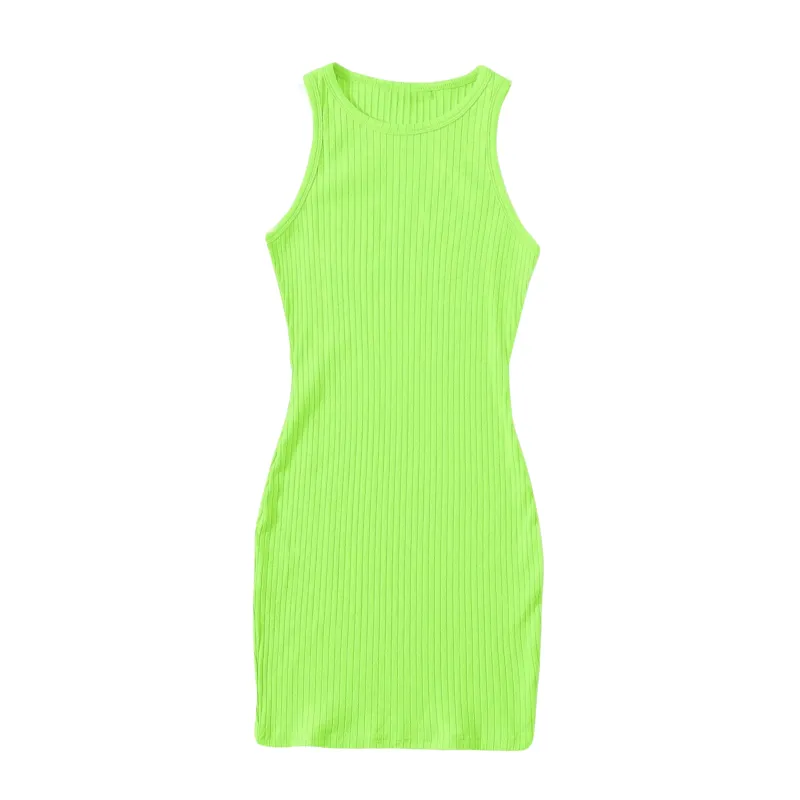 Mom and Daughter Matching Lime Green Bodycon Sleeveless Rib-knit Dress