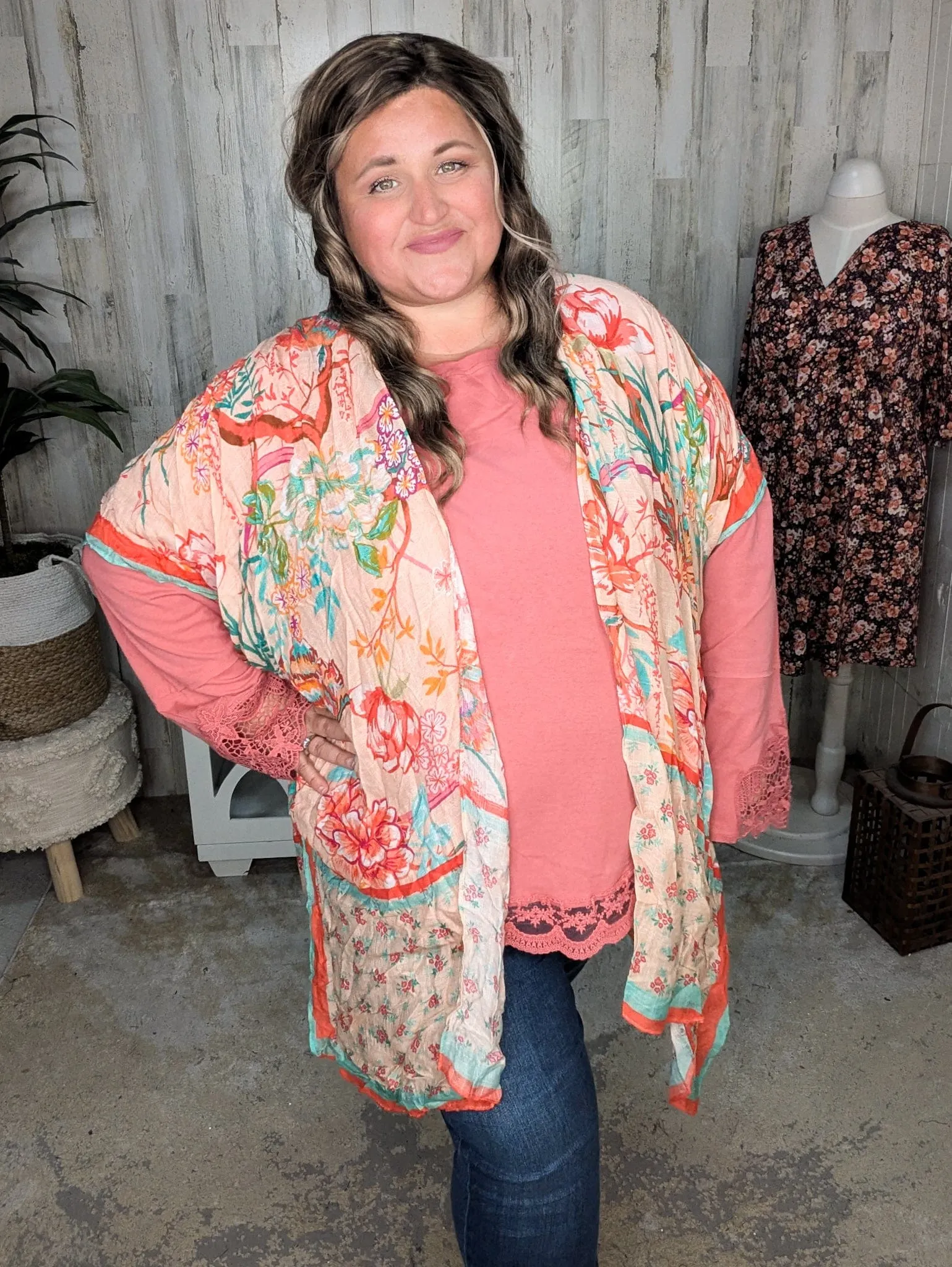 Nicole Peach Floral Kimono w/Ditsy Floral Border