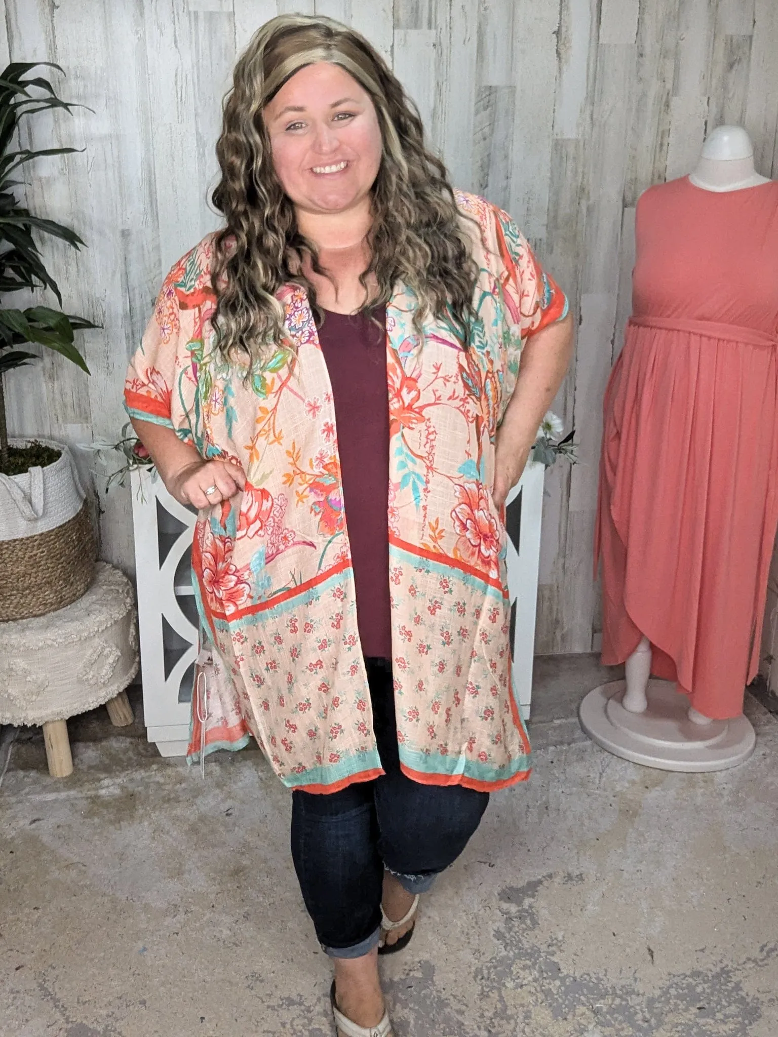 Nicole Peach Floral Kimono w/Ditsy Floral Border