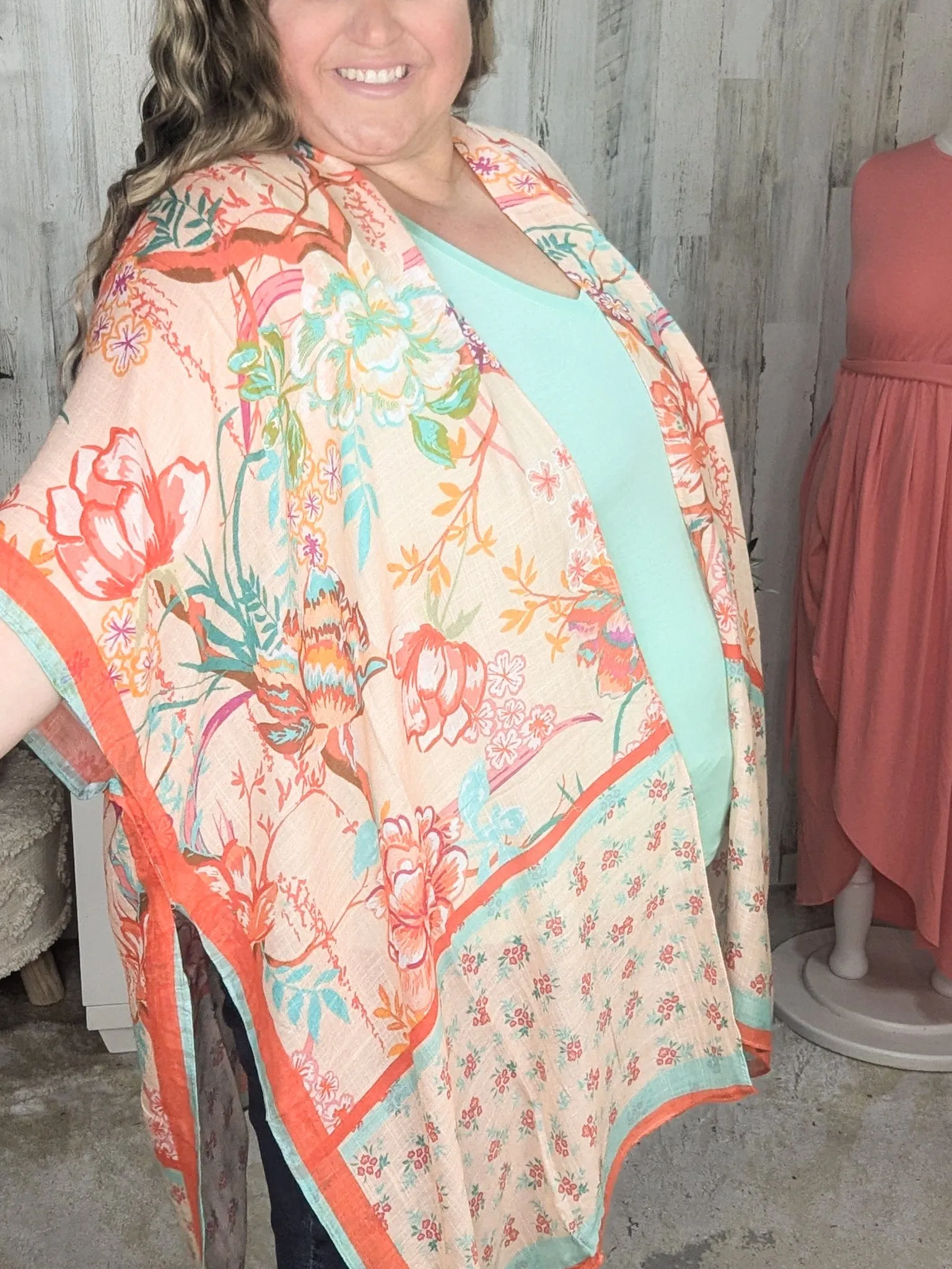 Nicole Peach Floral Kimono w/Ditsy Floral Border